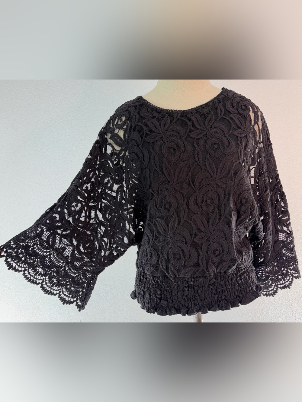 Investments Petites Black Floral Lace Blouse Smocked Waist Fairy Grunge Petite M